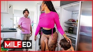 Ebony MILF Fucks Roughly With Her White Stepson