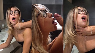 Threesome Cheating With Blonde Milf Stepmom In Bathroom While Gf In The Next Room