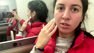 Risky masturbation and pissing in the airplane toilet