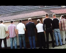 Nasty French blonde gets DPed and facialized in outdoor gangbang